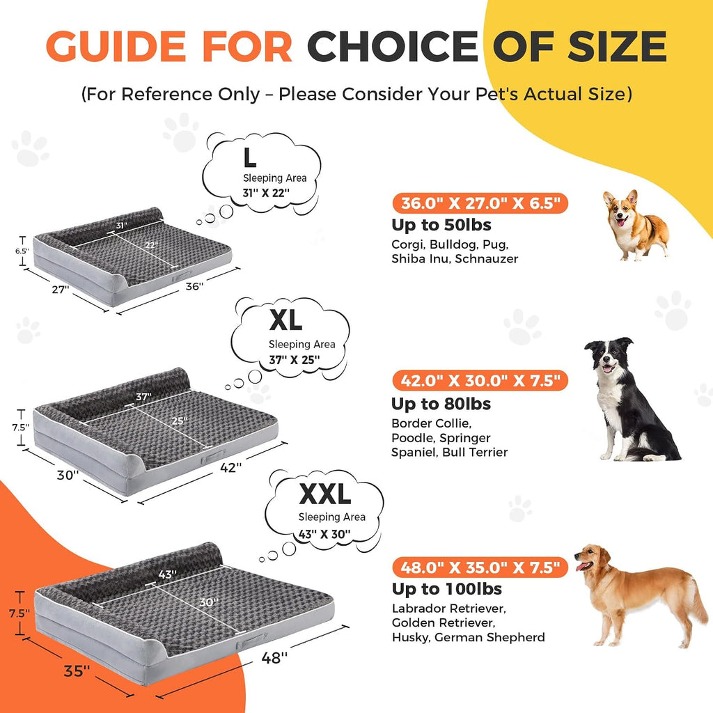 XL Orthopedic Dog Bed for Large Sized Dogs, 42"x30"x7.5", Grey