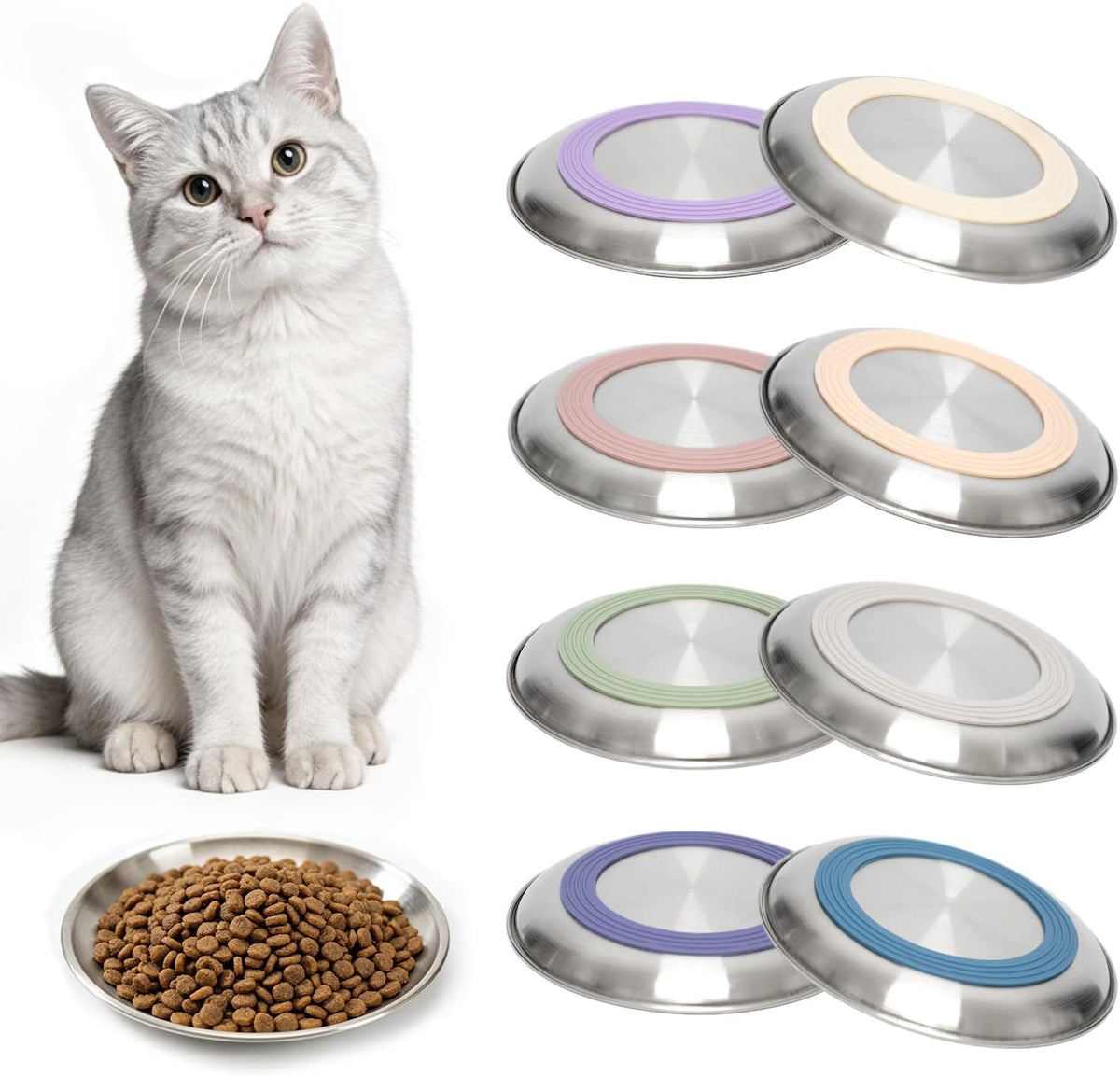8 Pack Stainless Steel Cat Food Bowls, Cat Dishes Shallow Whisker-Friendly Metal Dishes with Non-Slip Silicone Bottom, Easy to Clean Indoor Feeding Bowls for Cats, Kittens & Small Dogs (6.7")