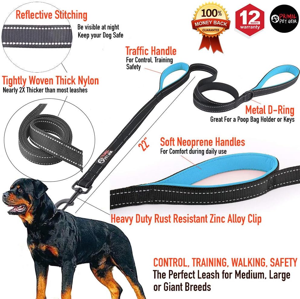 Primal Pet Gear Dog Leash 6ft Long,Traffic Padded Two Handle,Heavy Duty,Reflective Double Handles Lead for Control Safety Training,Leashes for Large Dogs or Medium Dogs,Dual Handles Leads(Black)