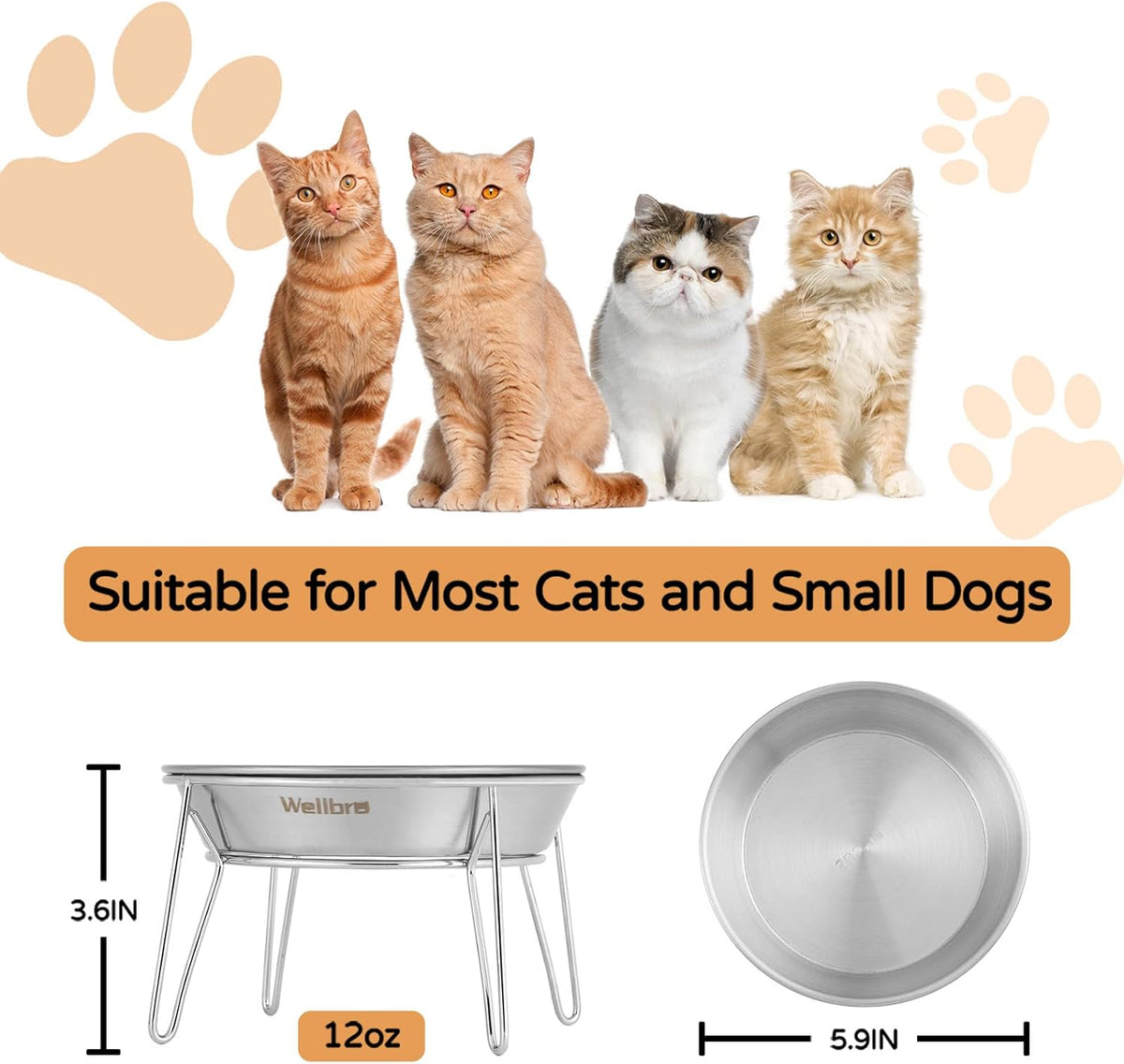 Elevated Cat Bowls, Wide Stainless Steel Cat Food Bowls with Metal Stand Whisker Stress-Free, Raised Food and Water Dish for Cats, Kitten, Puppies and Small Dogs