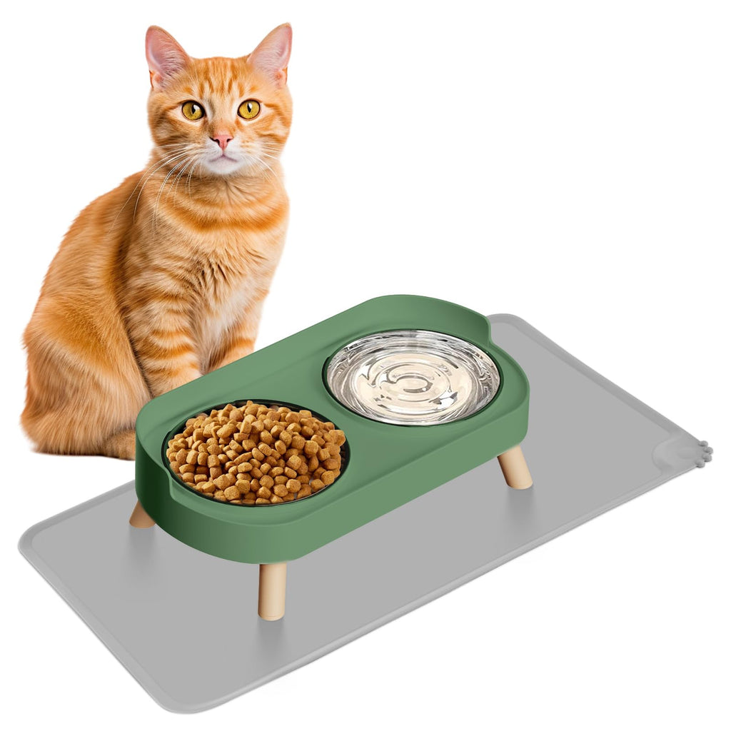 Elevated Cat Bowl, Raised Cat Food and Water Bowl Set for Indoor Cats, Splash Proof with 2 Stainless Steel Pet Food Bowls for Cats and Puppies, Whisker Fatigue and Dishwasher Safe - White