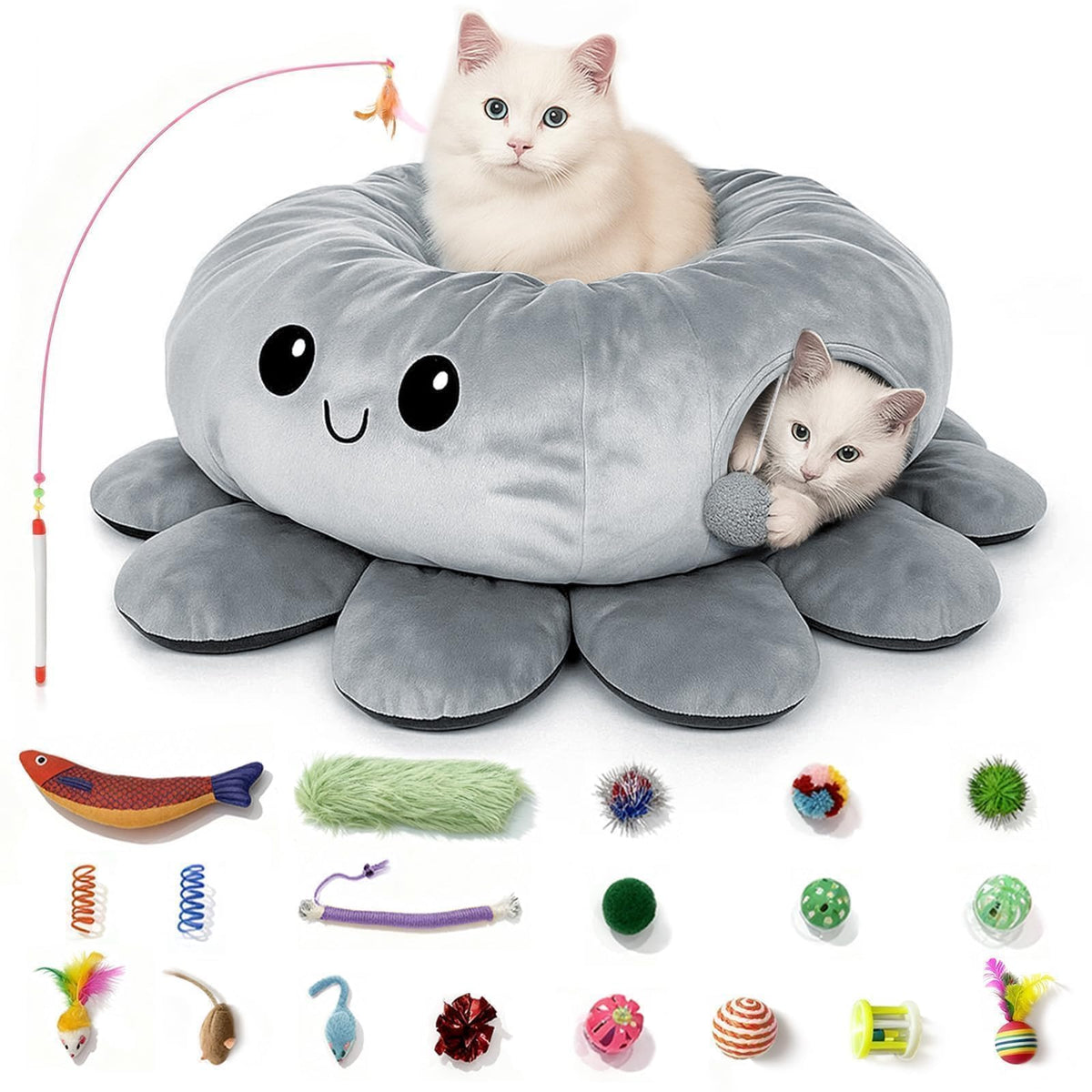 Cat Tunnel Bed with 20 Cat Toys, Kitten Toys for Indoor Kittens,Pink