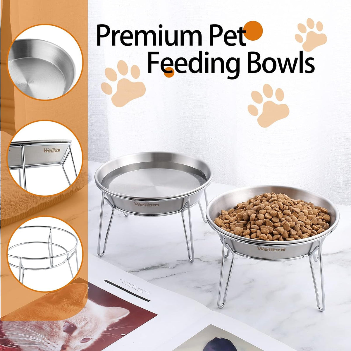 Elevated Cat Bowls, Wide Stainless Steel Cat Food Bowls with Metal Stand Whisker Stress-Free, Raised Food and Water Dish for Cats, Kitten, Puppies and Small Dogs