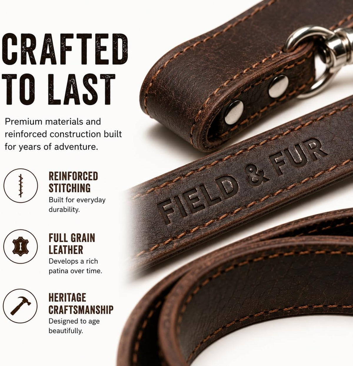 FIELD & FUR Full Grain Leather Dog Leash — Heavy Duty Brown Flat Leather Lead, 5 FT Long, 3/4" Wide, Solid Metal Hardware, for Walking, Training & Hiking with Medium & Large Dogs