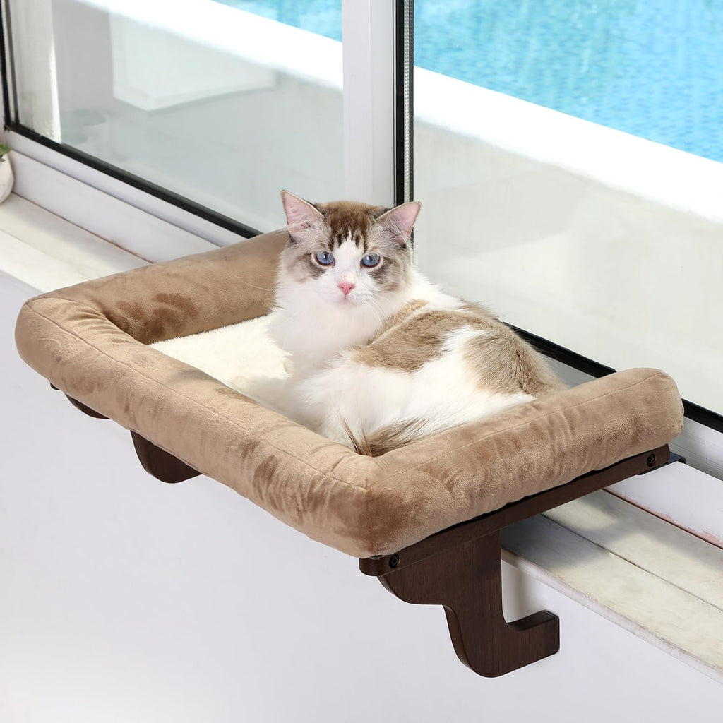 Zakkart Cat Perch for Windowsill with Bolsters (Dark Stained/Gray, L)
