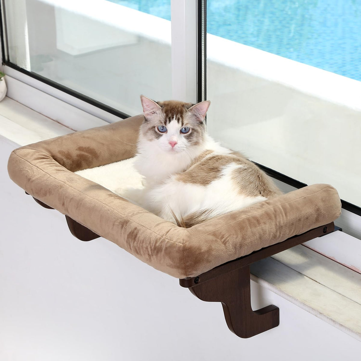 Zakkart Cat Perch for Windowsill with Bolsters (Dark Stained/Gray, L)