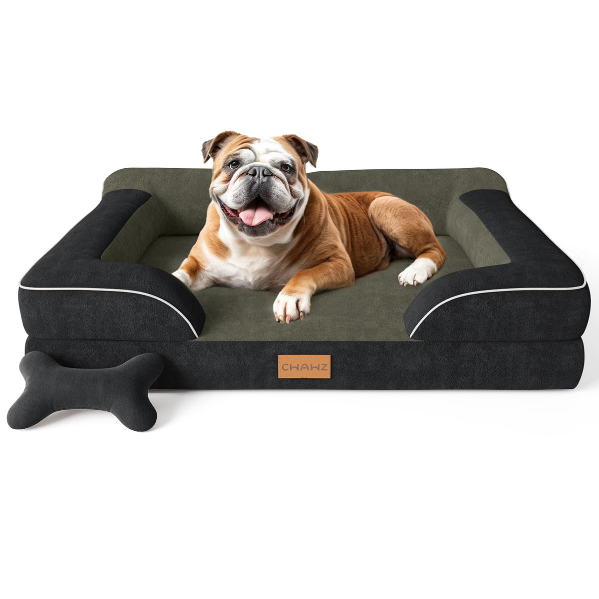 CWAWZ Extra Large Dog Bed, Orthopedic Dog Bed with Cooling Gel Memory Foam, Waterproof XL Pet Bed with Removable Washable Cover, 42" Pet Sofa Couch Dutch Velvet with Bone Toy, Light Gray