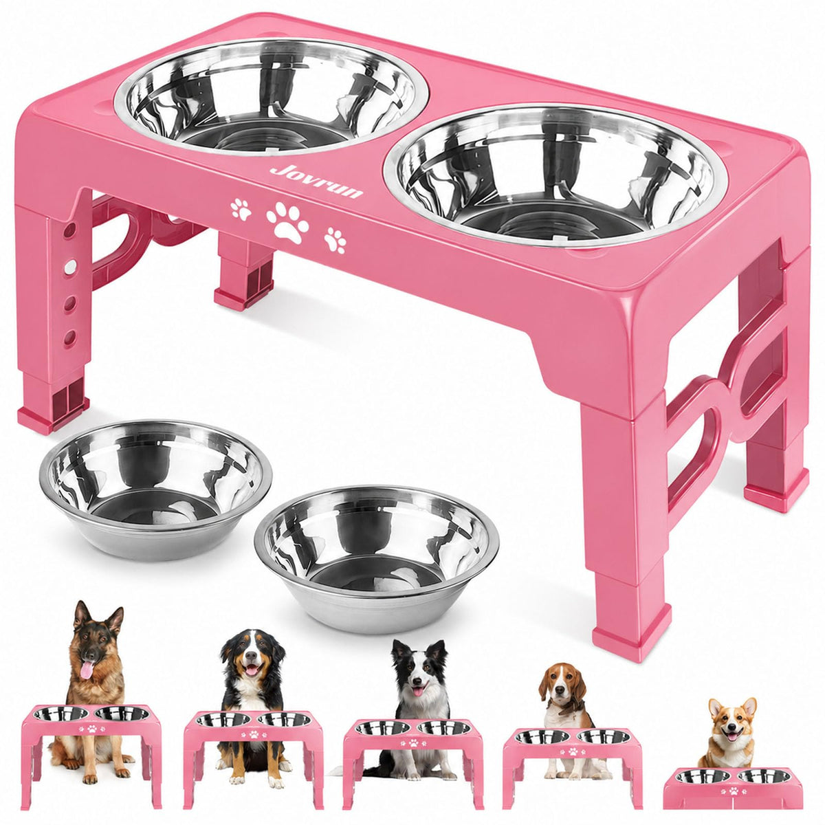 Jovrun Elevated Dog Bowls for Small Dogs and Cats, Non-Slip Cat Bowls with 2 Thick 5.5" Stainless Steel Dishes, Dog Feeder 2 Heights Adjustable to 2.6"-5.3"