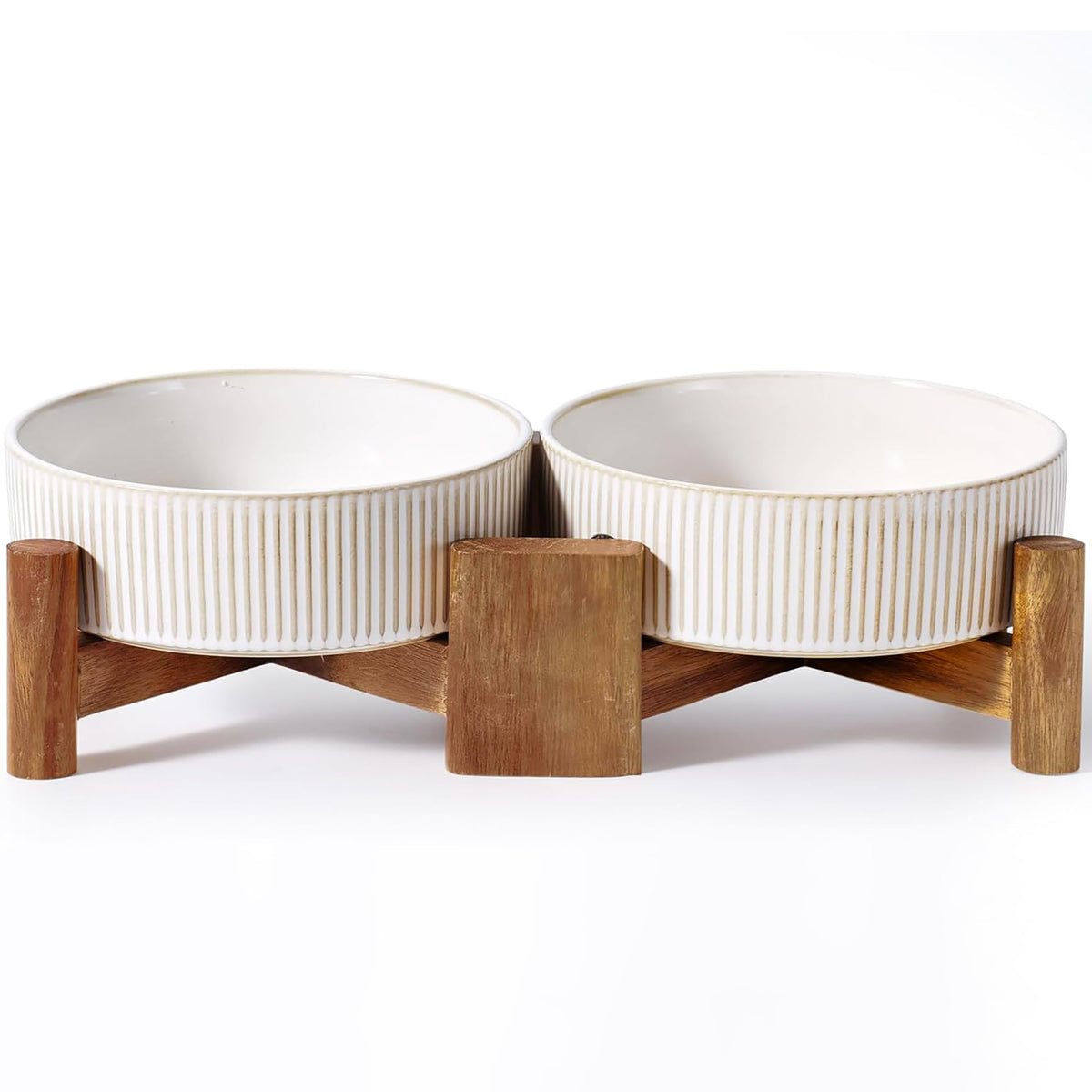 Getstar Ceramic Dog Bowls Set with Acacia Wood Stand, 3.5 Cups Pet Bowls Set of 2 for Medium Dogs, Cute Dog Raised Food Bowl, Cat Bowls