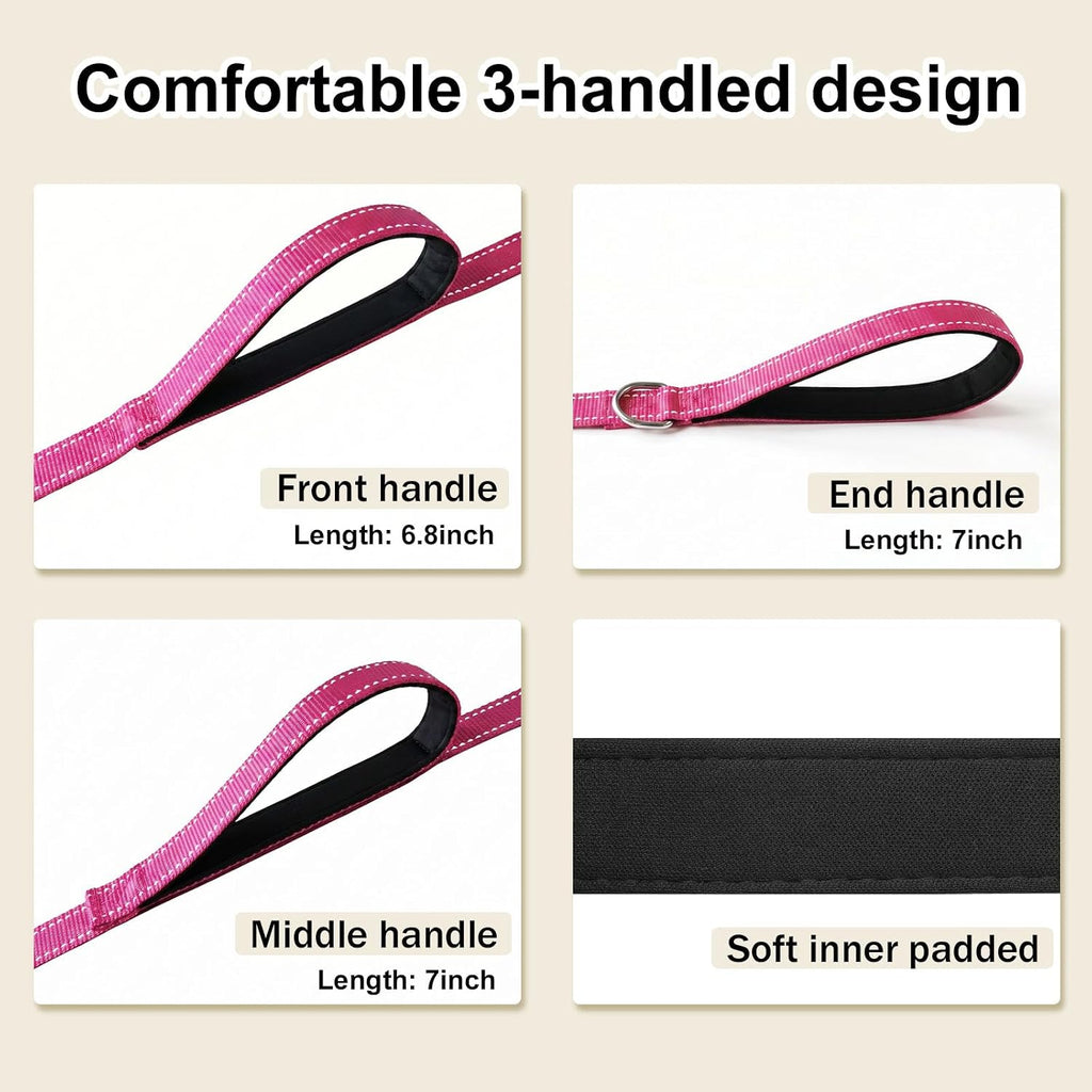 Triple Handle 6FT 1IN Dog Leash, Heavy Duty Strong Nylon, Hot Pink