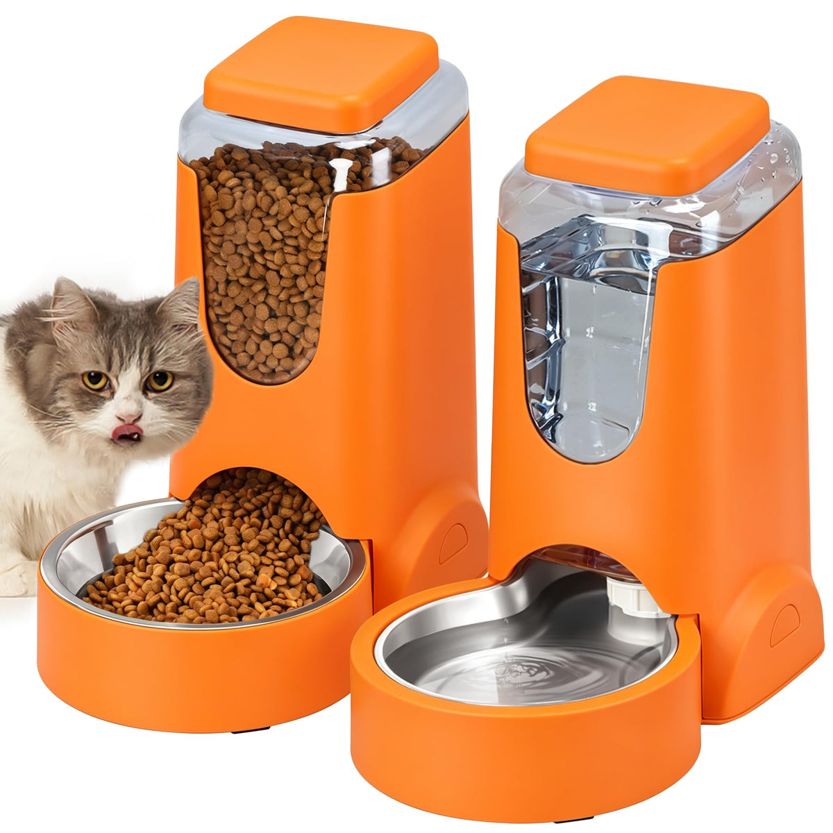 Automatic Cat Feeder and Water Dispenser with Stainless Steel Bowl Dog Gravity Food Feeder and Waterer for Small Medium Pets Puppy Kitten 1 Gallon x 2