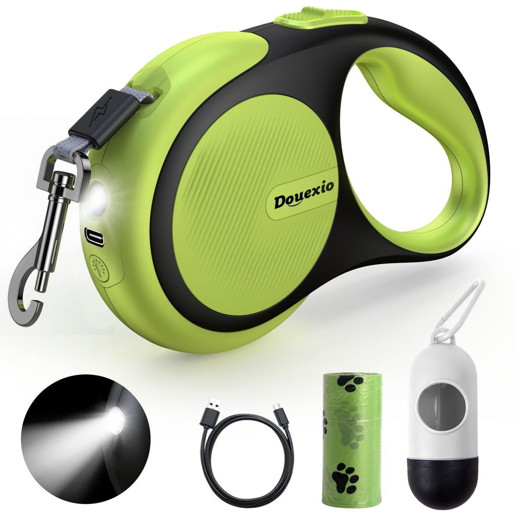 Retractable Dog Leash with LED Flashlight, Douexio Upgrade 3 in 1 Dog Leash Retractable for Small Medium Dogs Up to 66 lbs, 16ft, Anti-Slip Handle (Black-White)