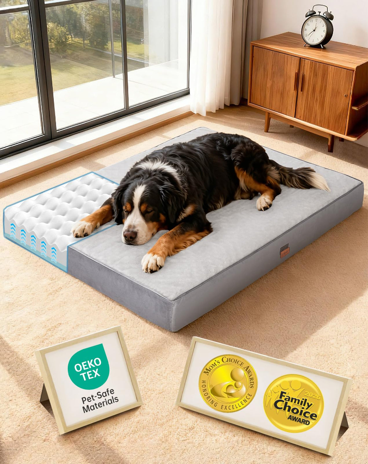 OhGeni Orthopedic Large Dog Bed, Reversible Memory Foam, 41 inch-XL(Gray)