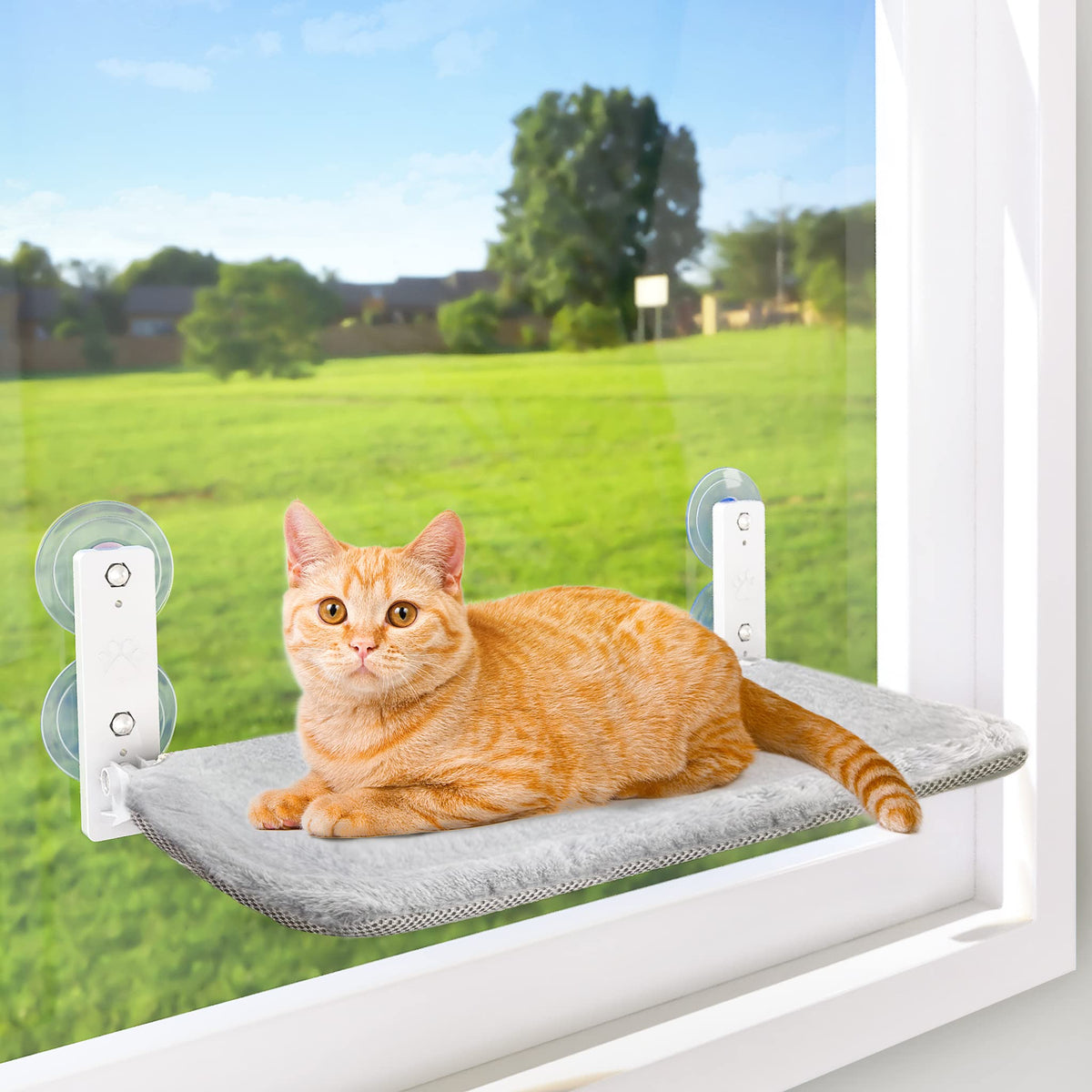 AMOSIJOY Cordless Cat Window Perch with Cushion Bed Metal Frame, L White