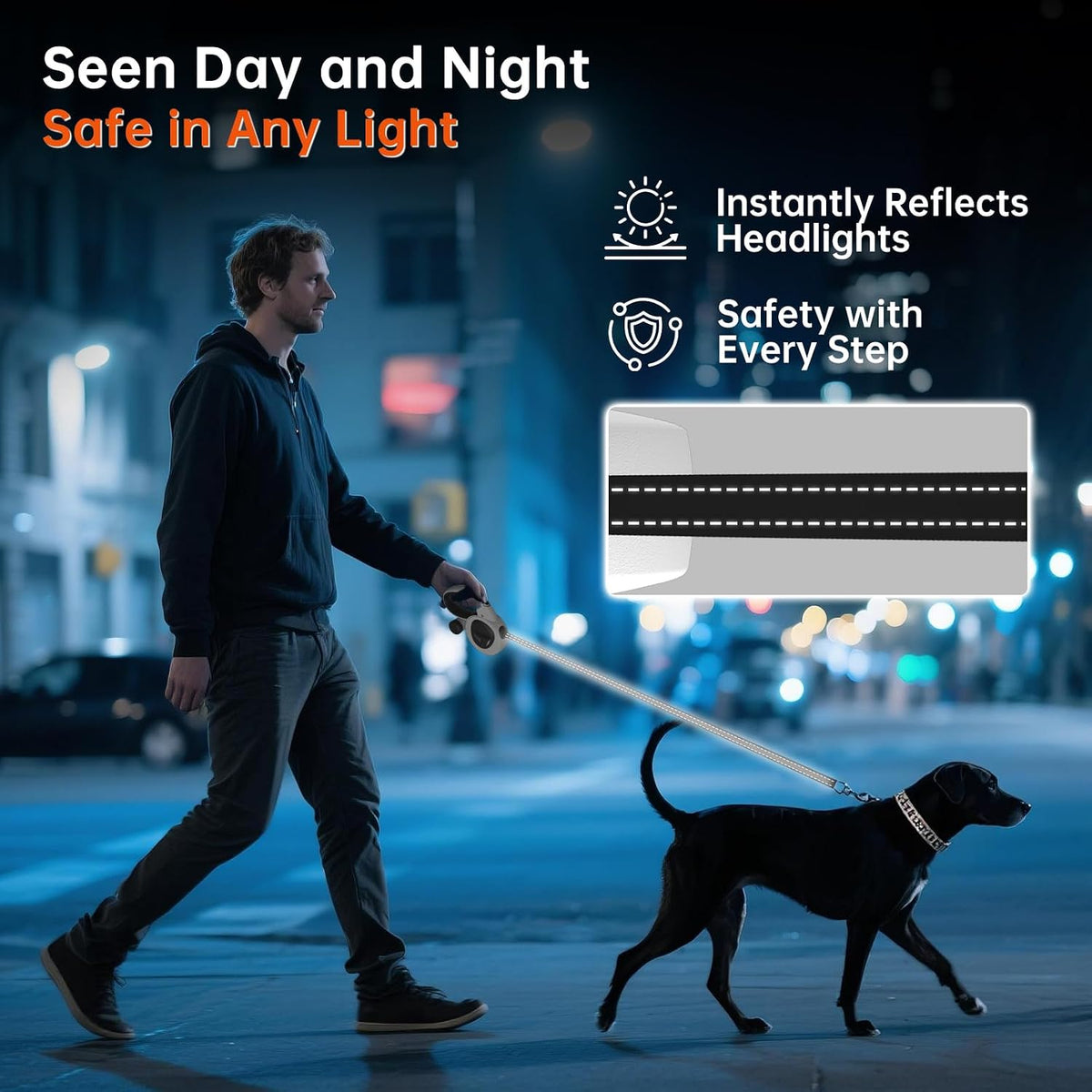 16Ft Retractable Dog Leash with LED Light, Heavy Duty Leash for Medium Dogs (20–66 lbs), 360° Tangle-Free, Built-in Poop Bag Dispenser
