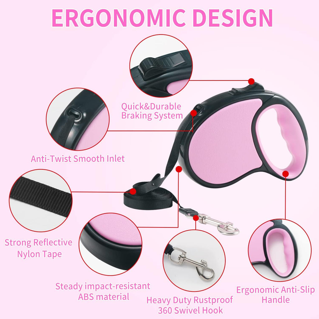 Retractable Dog Leash 16Ft/5M for Small Medium Dogs, Pink