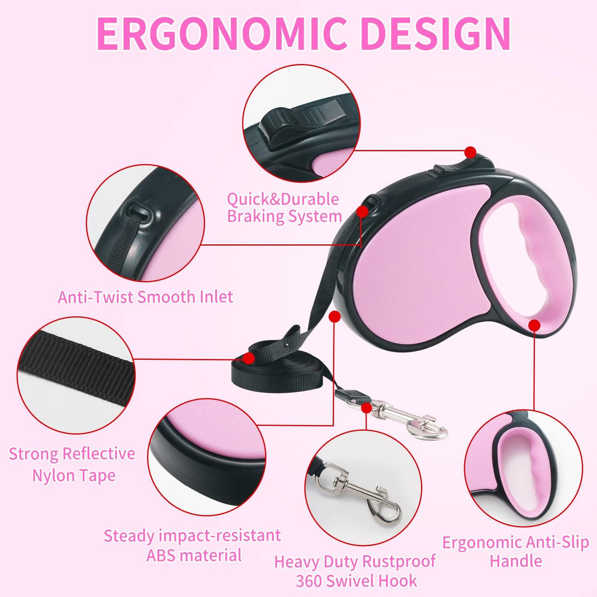 Retractable Dog Leash 16Ft/5M for Small Medium Dogs, Pink