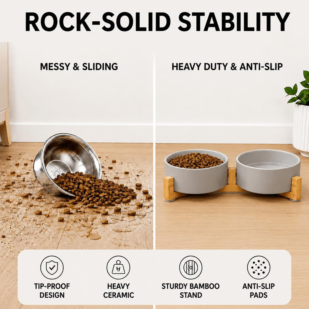 SPUNKYJUNKY Ceramic Dog and Cat Bowl with Wood Stand Non-Slip Matte Glaze Weighted Food Water Set for Cats &Small Dogs 13.5OZ