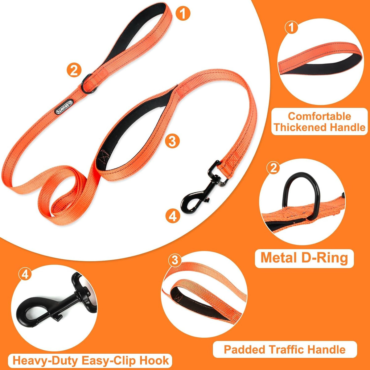 Heavy Duty Dog Leash with 2 Comfortable Padded Handles, 6FT Traffic Handle Extra Control, Highly Reflective Threads Leash for Small/Medium/Large Dogs (Orange)