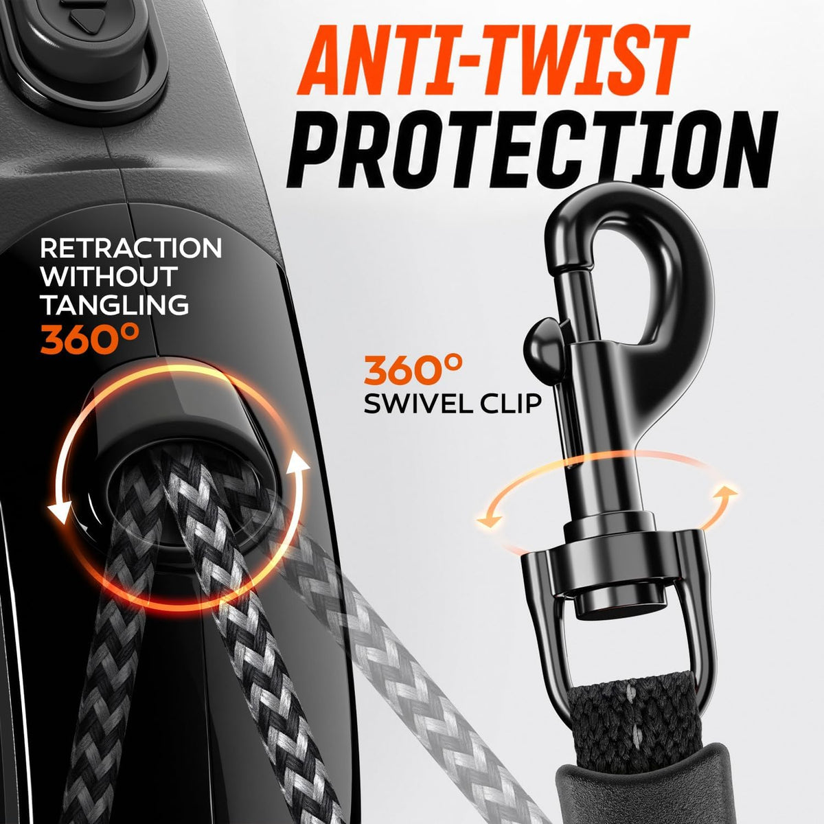 22.6 FT Retractable Dog Leash for Dogs 5-110 lbs–Reflective Leash with Reinforced Tape & Strong Cord–Quick Lock Button–360° Swivel System–Stainless Steel Spring–Comfortable Anti-Slip Handle BK