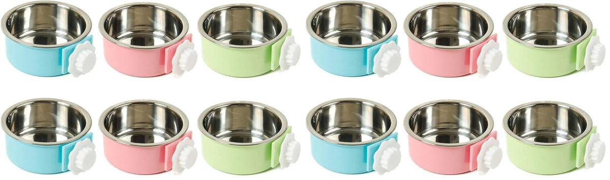 kathson Crate Dog Bowl, Removable Stainless Steel Hanging Pet Kennel Cage Bowl Food & Water Feeder Coop Cup for Puppy, Cat, Rabbit, Guinea Pigs Ferret Bird (2 PCS, Size: M, Blue and Green)