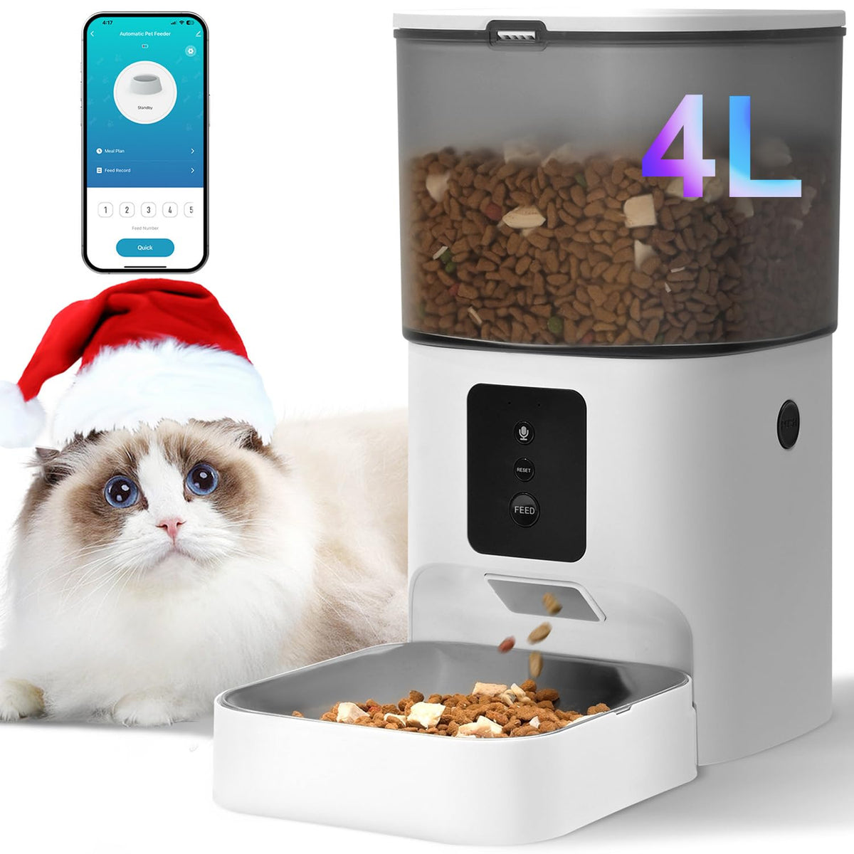 ANDOLL HOME Automatic Cat Feeder, 4L Cat Food Dispenser with 10s Voice Recorder, Pet Feeder up to 8 Meals per Day, Timed Dog Feeder with Dry Food Sealed Ring