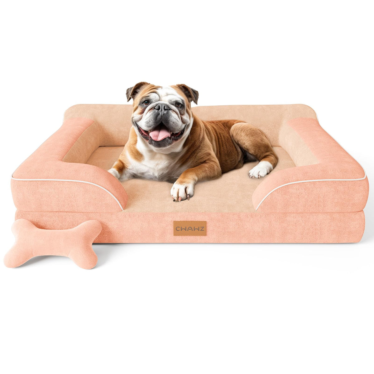 CWAWZ Extra Large Dog Bed, Orthopedic Dog Bed with Cooling Gel Memory Foam, Waterproof XL Pet Bed with Removable Washable Cover, 42" Pet Sofa Couch Dutch Velvet with Bone Toy, Light Gray