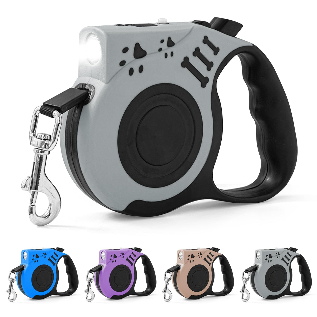 Retractable Dog Leash with USB Rechargeable Flashlight, Purple