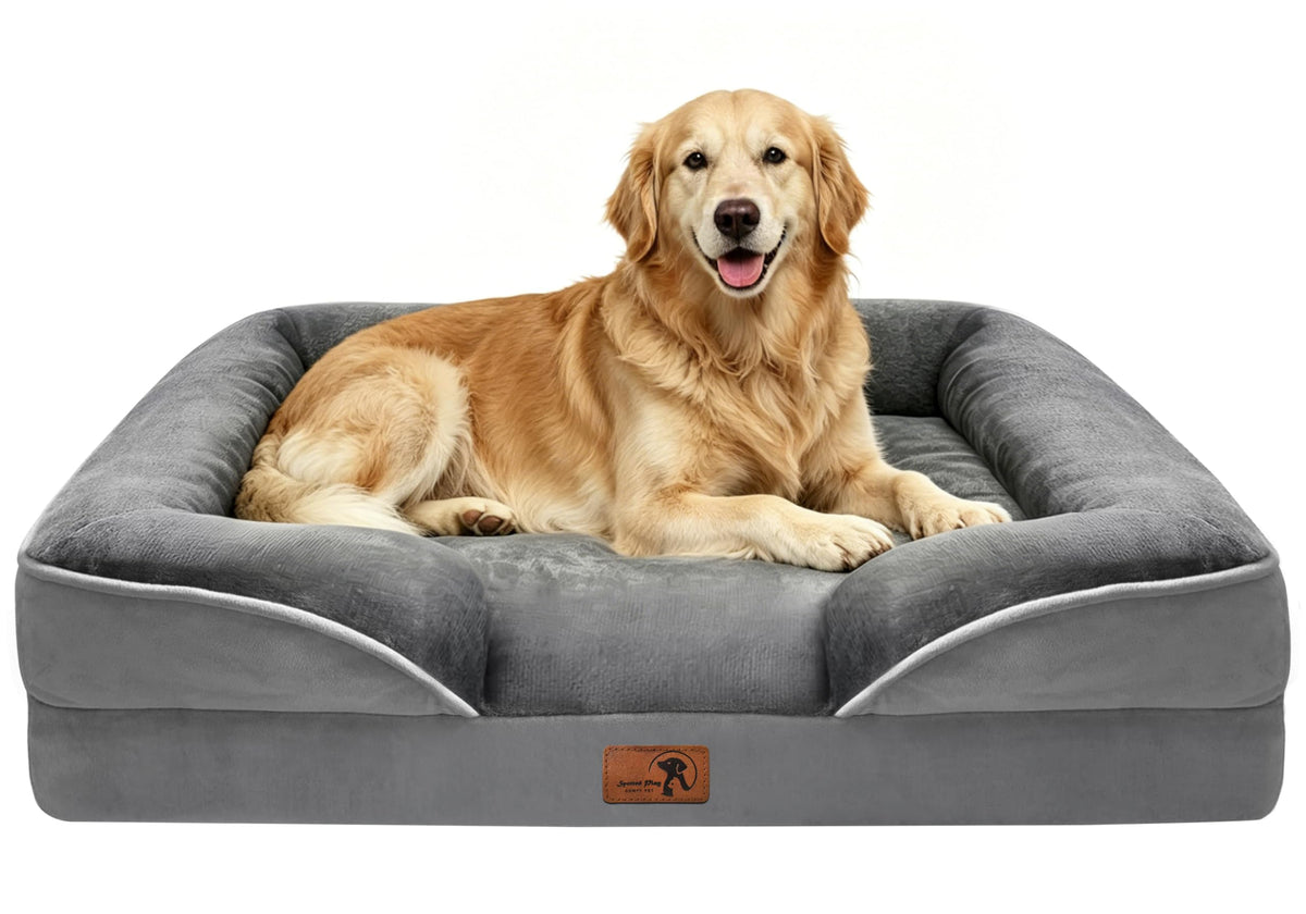 Spotted Play Orthopedic Dog Bed with Sides - Dog Sofa Beds for Medium Dogs, Supportive Foam Pet Couch Bed with Washable Removable Cover, Waterproof Lining and Non-Slip Bottom, Grey - M