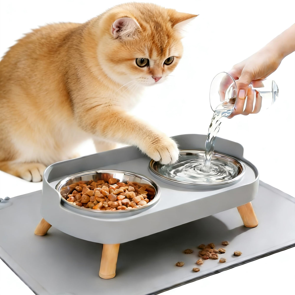 Elevated Cat Bowls with Food Mat, Splash Proof Anti Vomiting Raised Cat Food and Water Bowl Set, 2 Stainless Steel Dishes for Cats and Puppy, Pet Bowl for Indoor Cats White