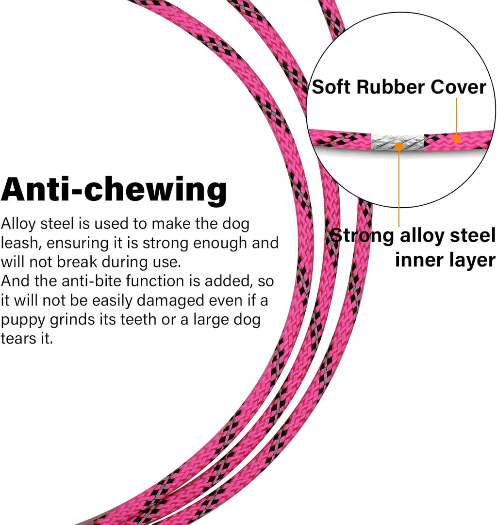 4/5/6 FT Chew Proof Dog Leashes with Comfortable Handle, Steel Cable Lead for Control Large or Medium Dogs Walk and Train, Heavy Duty with Rotate Clasp and Double Buckle (6FT,Pink)