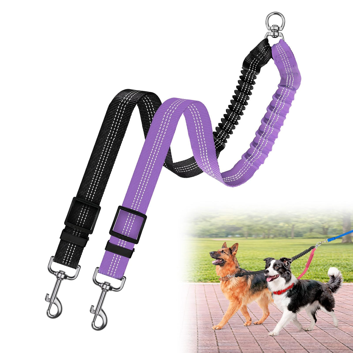 Double Dog Leash for Two Dogs, Professional No Tangle 360° Swivel Coupler with Shock Absorbing Bungee, Adjustable Length Dual-Sided Reflective Two Dogs Lead Splitter for Small Medium Large Dog