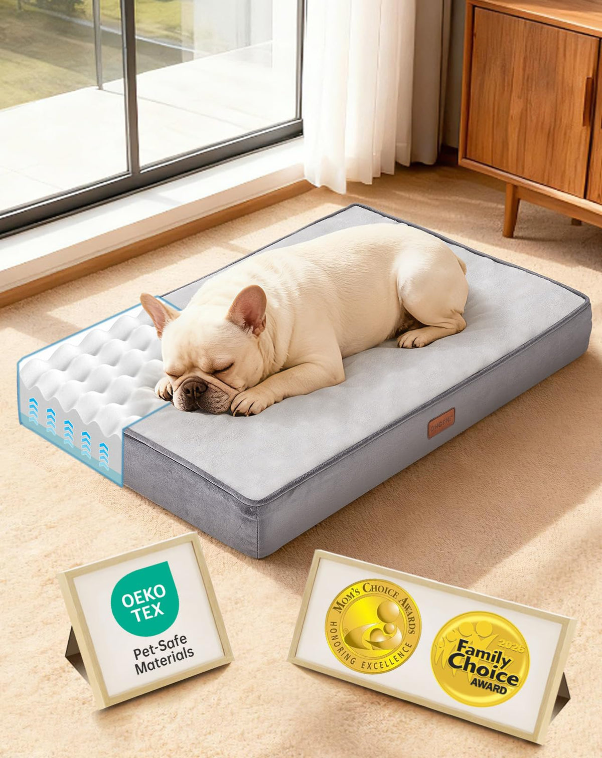 OhGeni Orthopedic Large Dog Bed, Reversible Memory Foam, 41 inch-XL(Gray)
