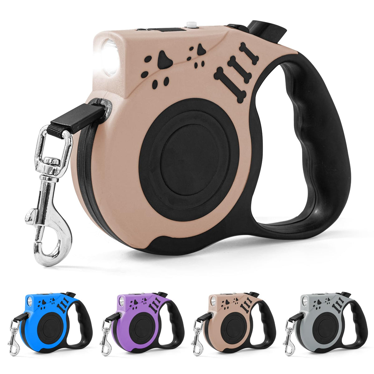 Retractable Dog Leash with USB Rechargeable Flashlight, Purple