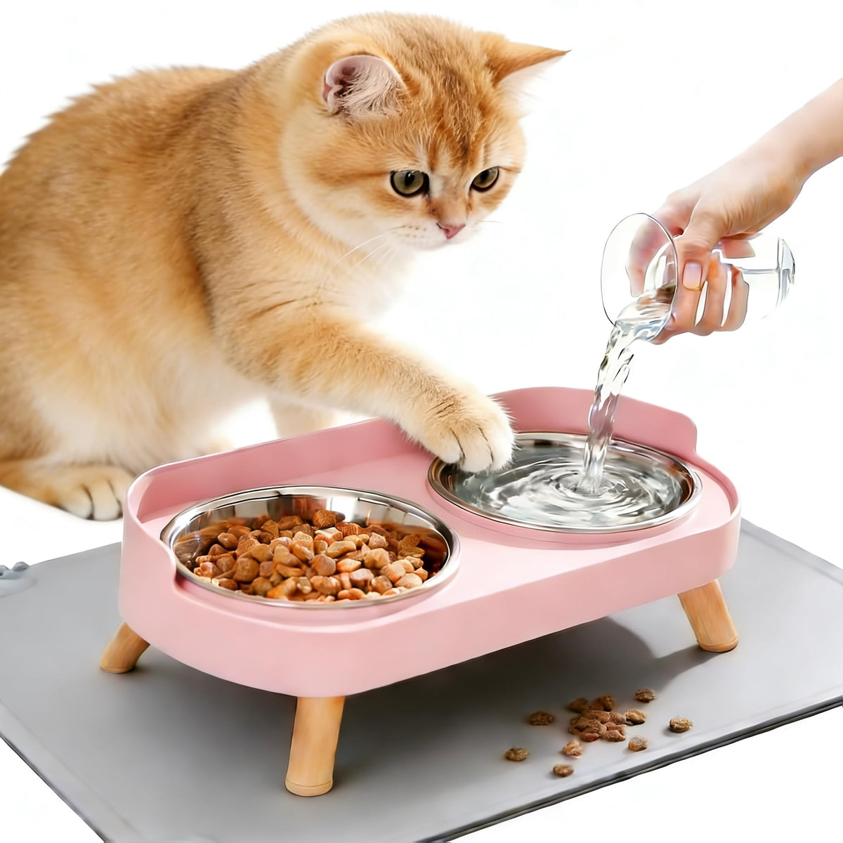 Elevated Cat Bowls with Food Mat, Splash Proof Anti Vomiting Raised Cat Food and Water Bowl Set, 2 Stainless Steel Dishes for Cats and Puppy, Pet Bowl for Indoor Cats White