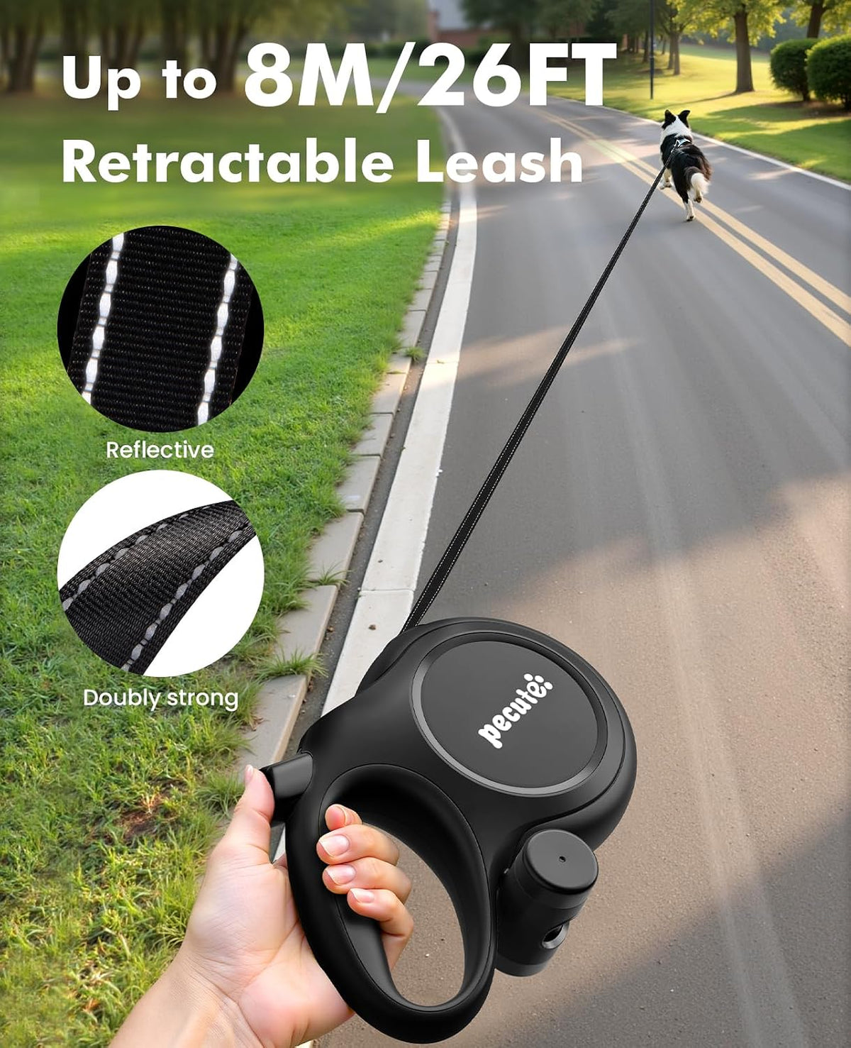 Pecute Dog Leash Retractable 26ft with Chew Proof Extender for 33-110 lbs