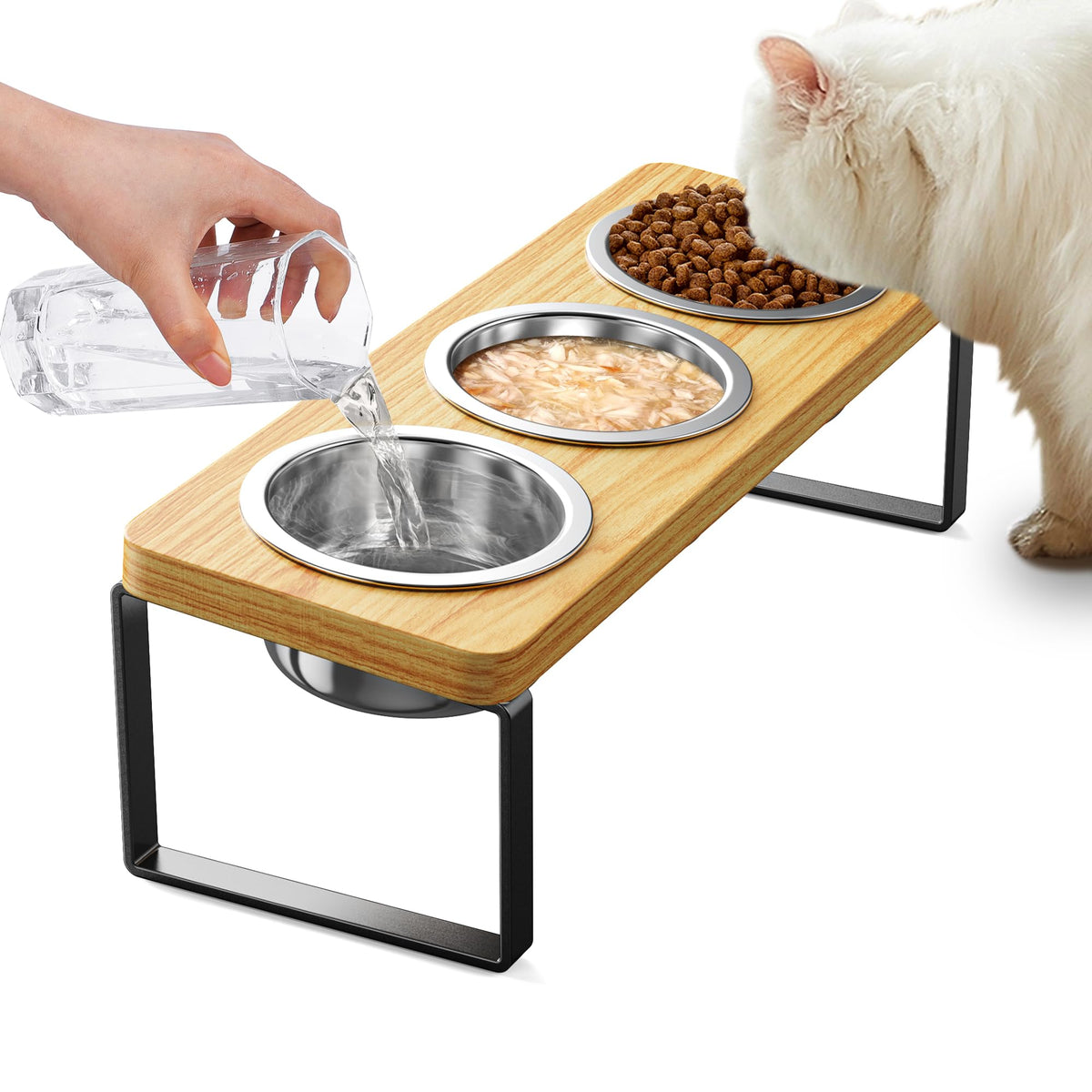 Elevated Cat Bowls with 3 Stainless Steel Bowls | 10° Tilted Anti-Vomiting Raised Cat Food Bowl for Small Cats and Puppies Pet Bowl with Stand
