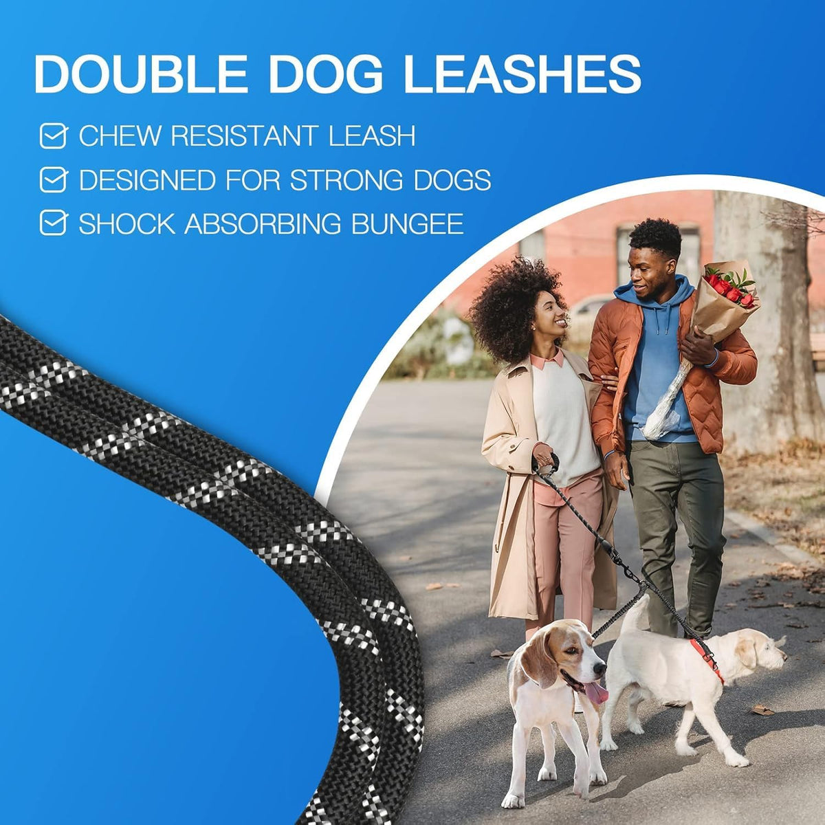 MingXpets Double Dog Leash,360° Swivel Tangle Free Bungee Walking Training