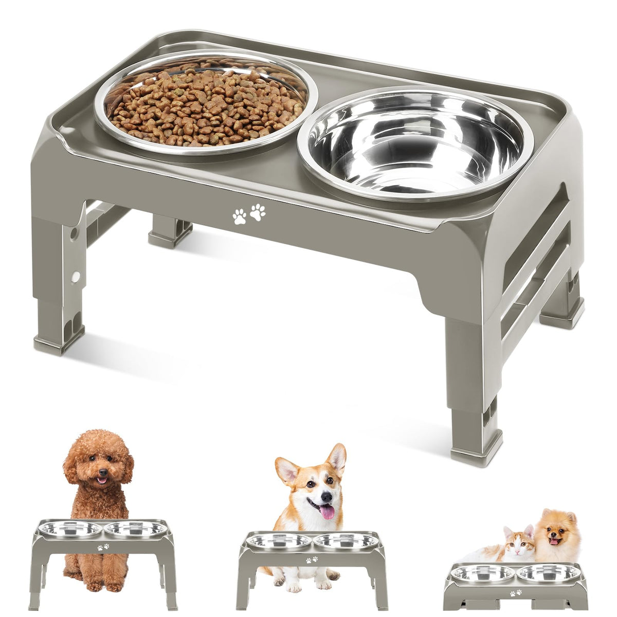 COMESOON Elevated Dog Bowls for Small Medium Dogs, 3 Height Adjustable Raised Stand with 2 Thick 6" Stainless Steel Food Bowls, Non-Slip Feeder Adjusts to 2.75", 6", 7.5", Black