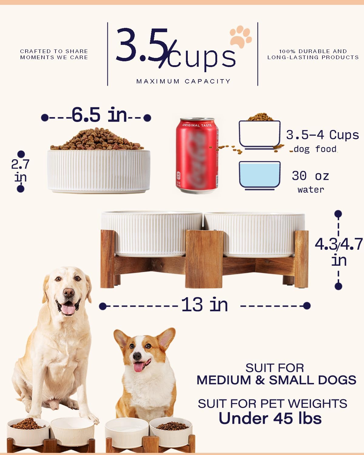Getstar Ceramic Dog Bowls Set with Acacia Wood Stand, 3.5 Cups Pet Bowls Set of 2 for Medium Dogs, Cute Dog Raised Food Bowl, Cat Bowls
