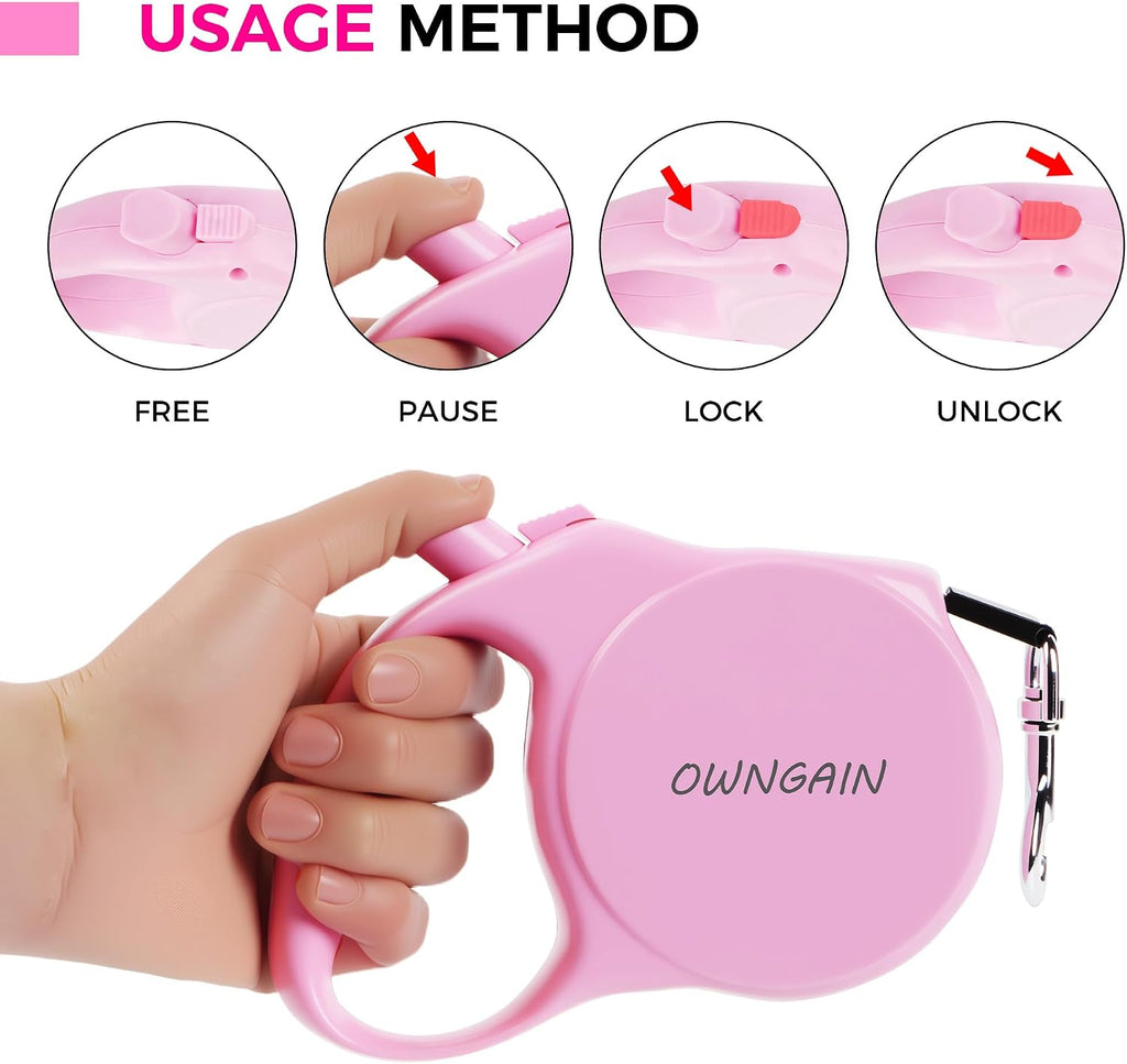 Pink Retractable Dog Leash,Strong Nylon Tape-One-Handed One Button Lock for Puppy, Cat, Pet Walking and Training,16ft Dog Walking Leash with 360°Tangle-Free Design,Anti-Slip Handle (Pink -Small)