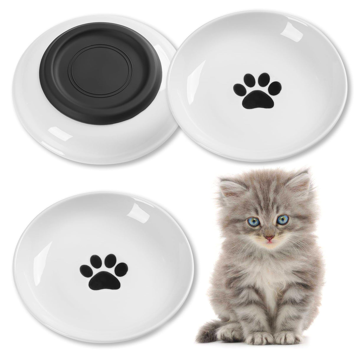 Cat Food Bowl, Whisker Friendly Ceramic Cat Bowls with Nonslip Silicone Bottom, Pack of 3 Quiet Dishes and Plates for Feeding Indoor Cats, Kittens and Small Dogs(Fishbone,Shallower)