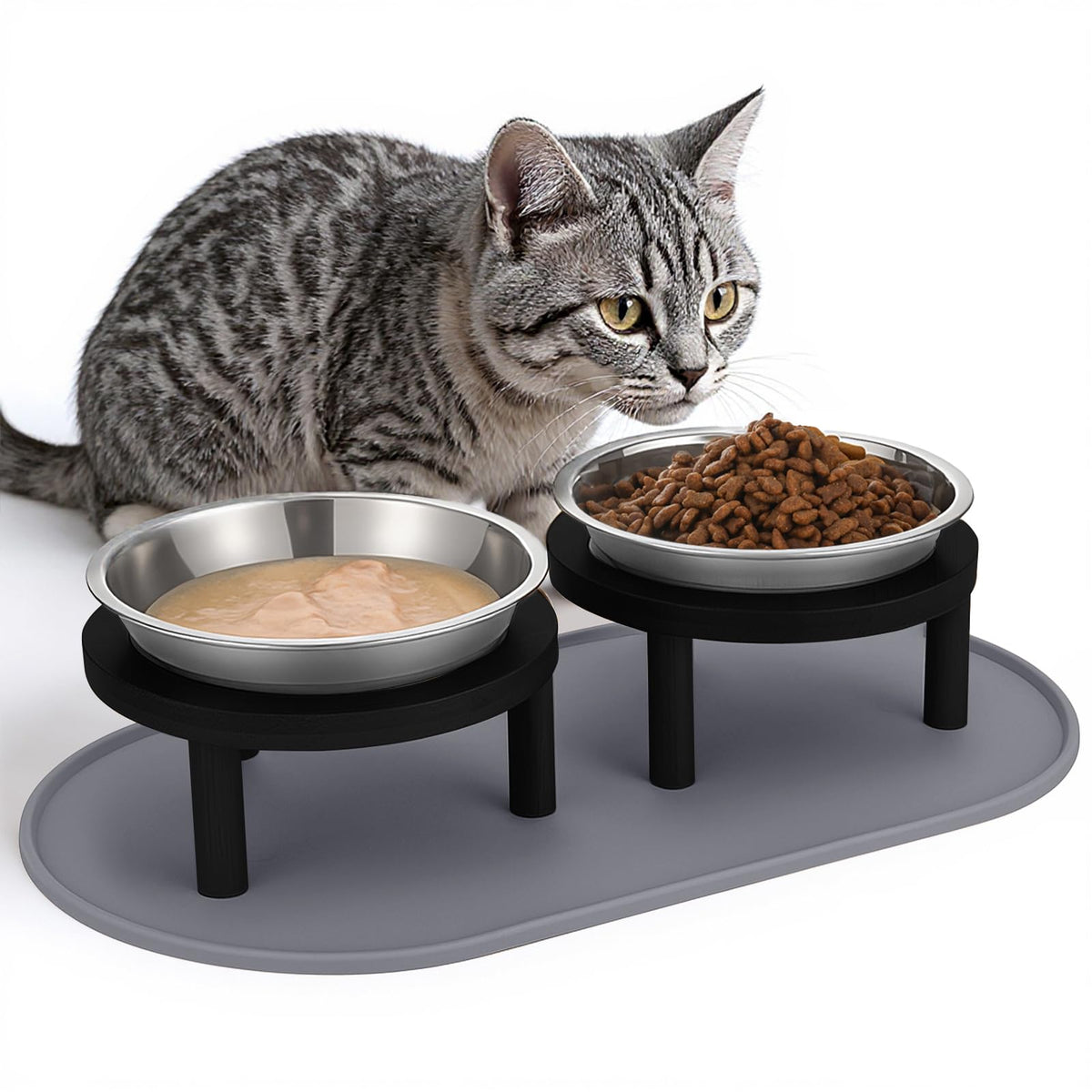 Elevated Cat Bowls with Food Mat,6.3 Inches Shallow Raised Bowls Whisker Friendly,2 Stainless Steel Cat Food and Water Dishes for Cats and Puppies,Dishwasher Safe