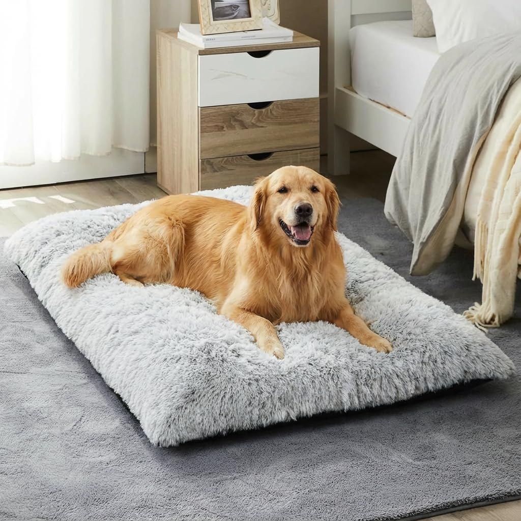 BFPETHOME Dog Beds for Large Dogs, Plush Dog Crate Bed Fluffy Cozy Kennel Pad for Sleeping &Ease Anxiety, Washable Pet Mats with Anti-Slip Bottom for Large Dogs, Grey