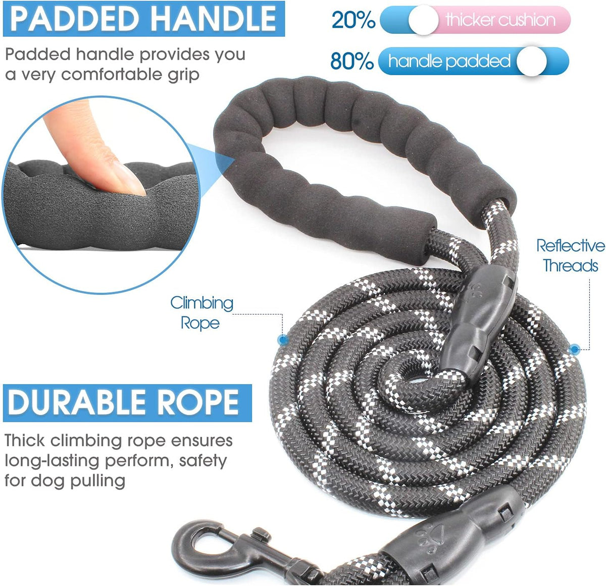 BAAPET 2/4/5/6 FT Dog Leash with Comfortable Padded Handle and Highly Reflective Threads for Small Medium and Large Dogs (5FT-1/2'', Black)