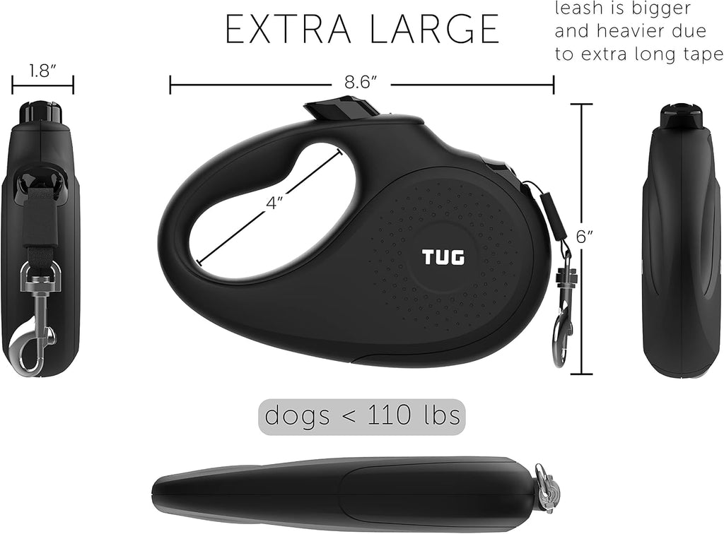 TUG Monochrome XL Retractable Dog Leash, 26 ft (Extra Large, Black)