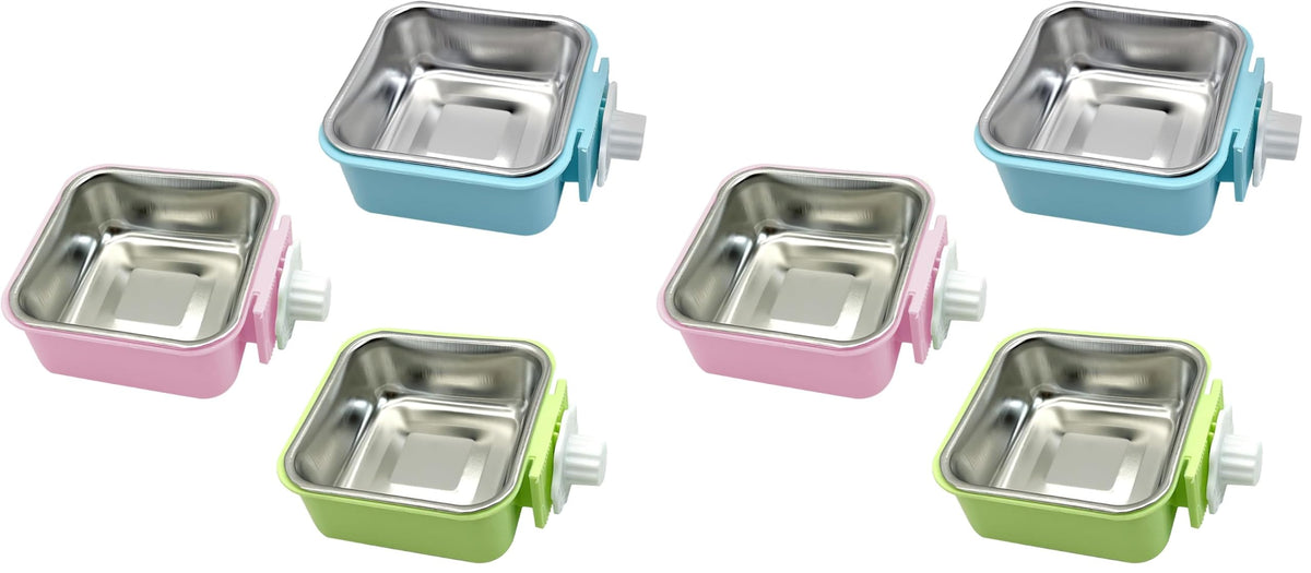 kathson Crate Dog Bowl, Removable Stainless Steel Hanging Pet Kennel Cage Bowl Food & Water Feeder Coop Cup for Puppy, Cat, Rabbit, Guinea Pigs Ferret Bird (2 PCS, Size: M, Blue and Green)