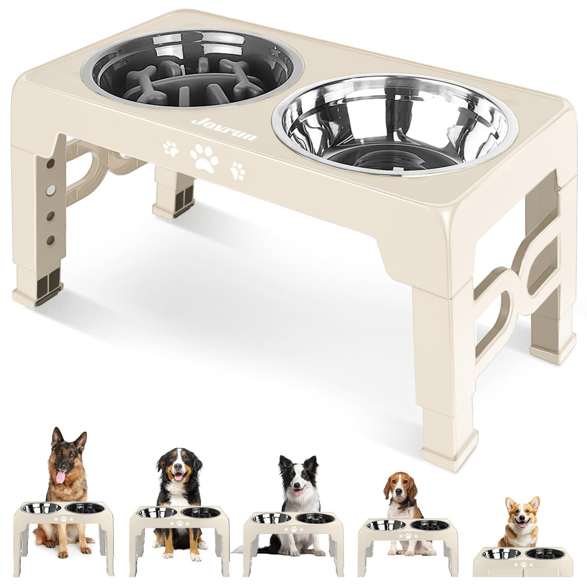 Jovrun Elevated Dog Bowls for Small Dogs and Cats, Non-Slip Cat Bowls with 2 Thick 5.5" Stainless Steel Dishes, Dog Feeder 2 Heights Adjustable to 2.6"-5.3"
