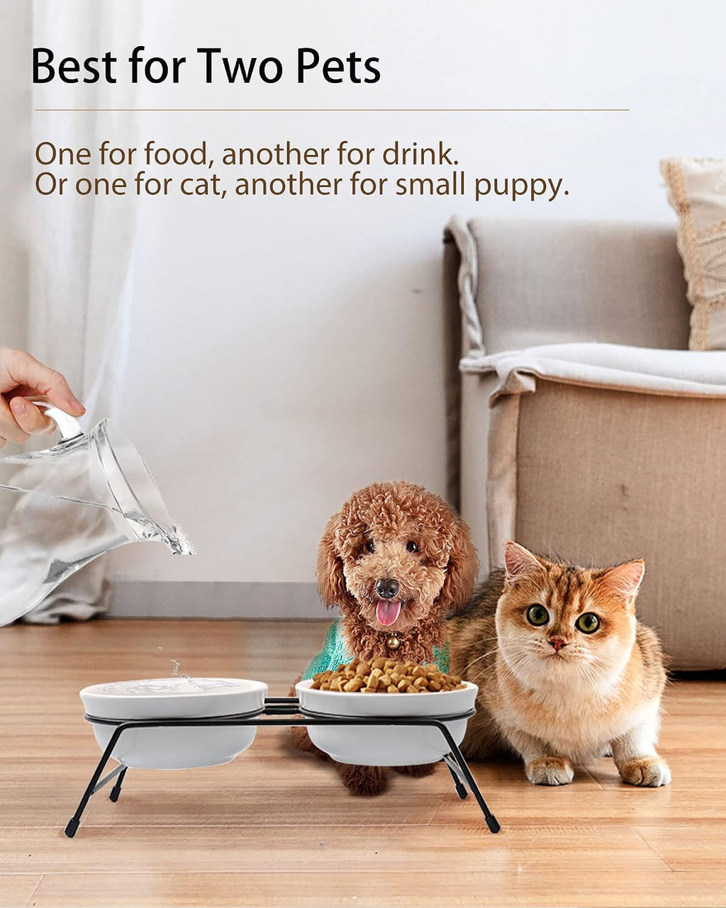 Anti-Vomiting Raised Cat Bowls - 2 × 13 oz Ceramic Cat Food & Water Bowls with Non-Slip Stainless Steel Stand, Dishwasher Safe for Indoor Cats