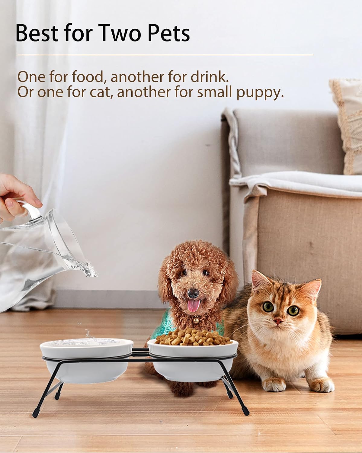 Anti-Vomiting Raised Cat Bowls - 2 × 13 oz Ceramic Cat Food & Water Bowls with Non-Slip Stainless Steel Stand, Dishwasher Safe for Indoor Cats